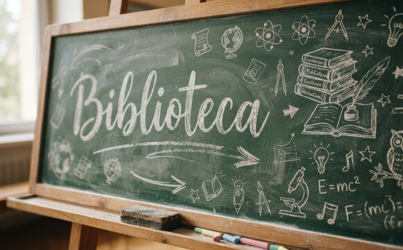 Biblioteca rotulo en pizarra verde con dibujos escolares de ciencia y educacion para diseno academico