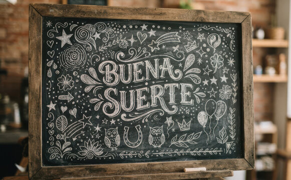 BUENA SUERTE cartel de pizarra con tipografia y dibujos para desear buena suerte y prosperidad