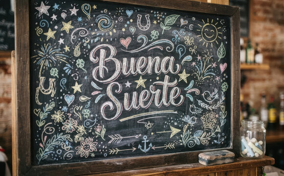 Buena Suerte pizarra con arte de tiza y dibujos coloridos de motivacion y fortuna para diseno