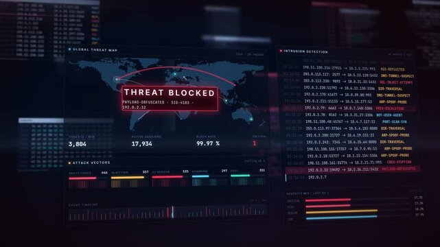 Cybersecurity operations dashboard with global threat map and live intrusion detection log