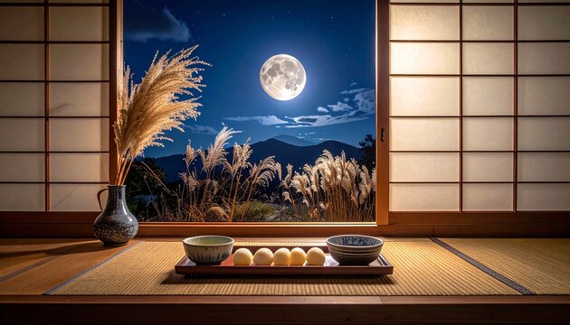 和室から望む美しい十五夜の満月とお月見団子とススキの風景