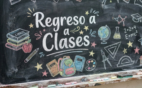 Regreso a clases pizarra escolar con dibujos de lapices libros y mochila para educacion