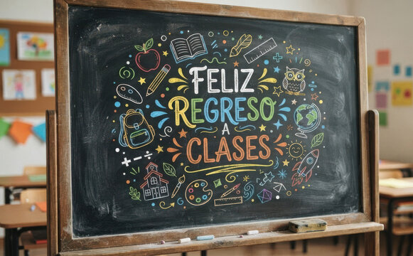FELIZ REGRESO A CLASES Pizarron escolar con dibujos de educacion y aprendizaje para diseno infantil