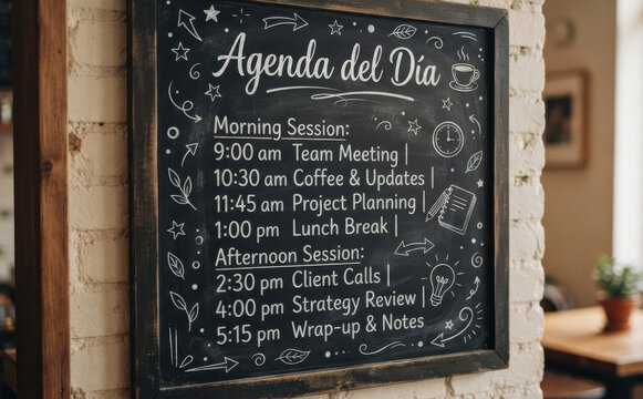 Agenda del D&iacute;a pizarra con horarios de reuniones planificacion y descanso para la organizacion de la jornada laboral en la oficina