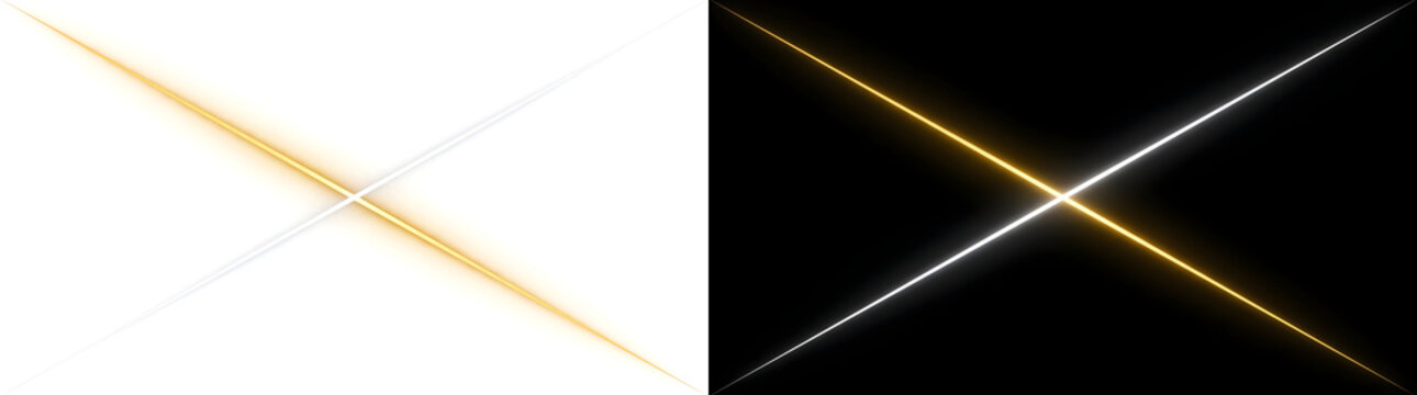 Golden and white crossing laser lines forming glowing X shape for futuristic design in PNG, Transparent and Black Background Versions