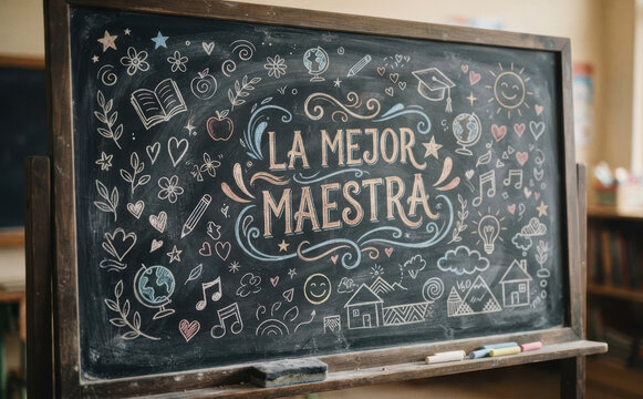 La mejor maestra - Pizarron escolar con dibujos y mensaje de agradecimiento para educacion