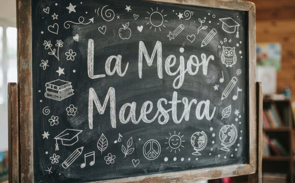 La Mejor Maestra en pizarra escolar con dibujos para agradecimiento a profesora en dia del maestro