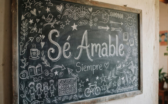 S&eacute; Amable Siempre en pizarra escolar con tiza, mensaje motivacional positivo para educacion y bienestar emocional