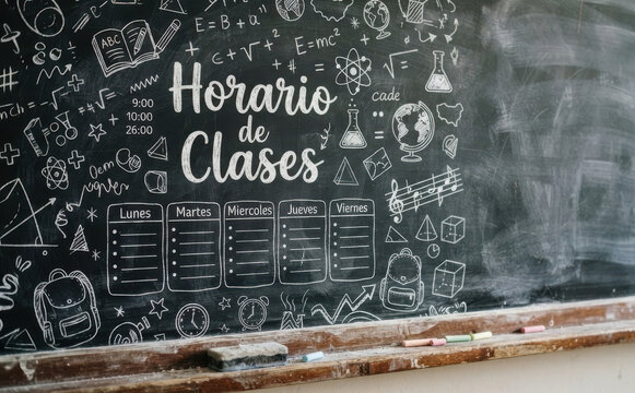 Horario de clases en pizarra escolar, plantilla de horario semanal educativo para organizacion de estudio y clases