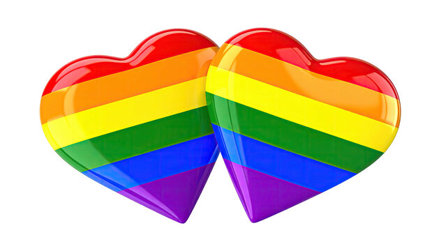 Two glossy rainbow heart shapes, vibrant colors, black backdrop
