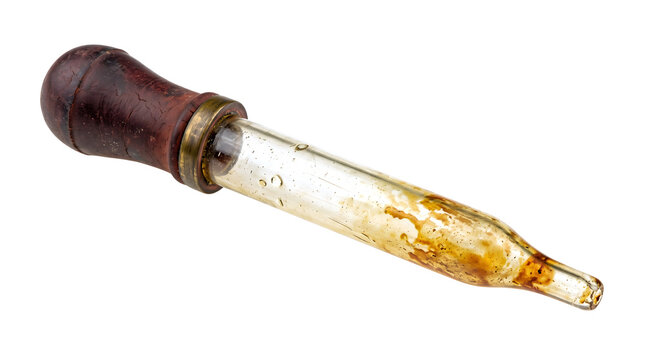 Vintage glass eyedropper with a dark brown cracked rubber bulb, featuring a long glass tube with stained brown liquid inside.