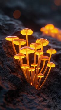 Bioluminescent Mushrooms Growing on Dark Rock Generative AI