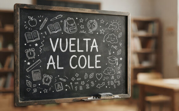 Vuelta al cole cartel de pizarra con dibujos escolares para educacion infantil y primaria