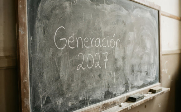 Generaci&oacute;n 2027 escrito en pizarra escolar, concepto de educaci&oacute;n, futuro, estudiantes y graduaci&oacute;n