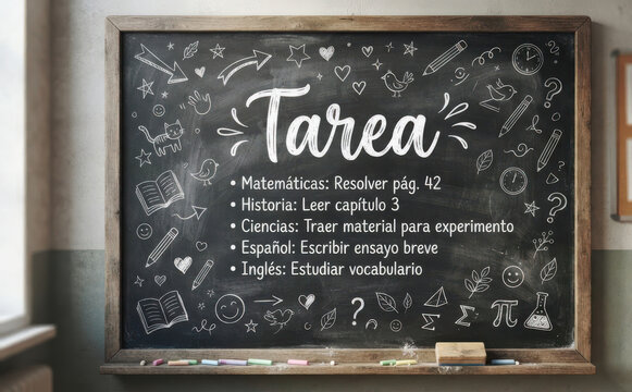 Tarea en pizarra escolar con lista de deberes educativos y concepto de aprendizaje