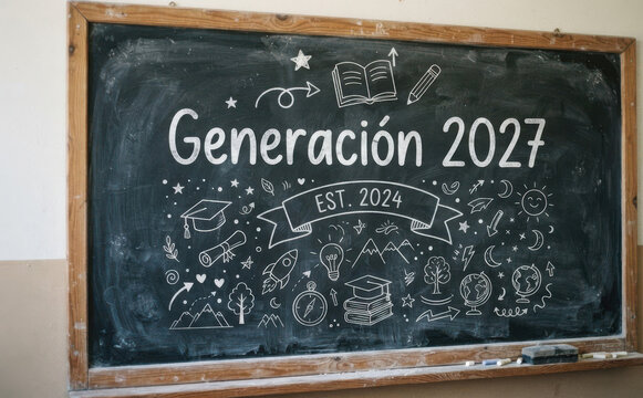 Generacion 2027 pizarra escolar con dibujos de graduacion y educacion para estudiantes