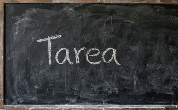 Tarea escrito en pizarra escolar con tiza blanca concepto de deberes escolares y educacion infantil