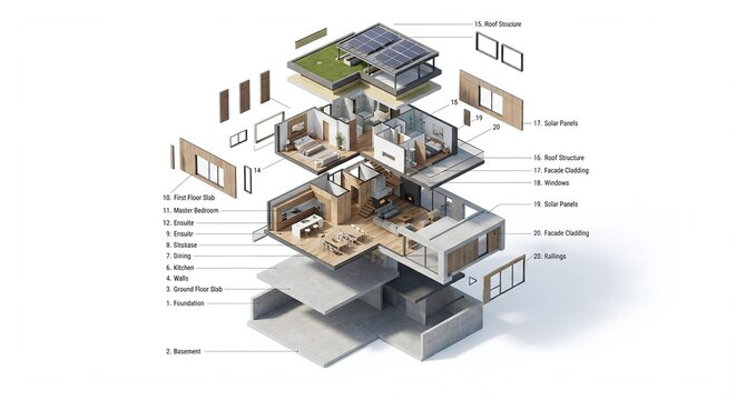 3d object, isometric view, isolated white background, exploded view, concept art, graphic resource, object, part, inside, Disassembly, render, illustration, Separate pieces, diagram, house