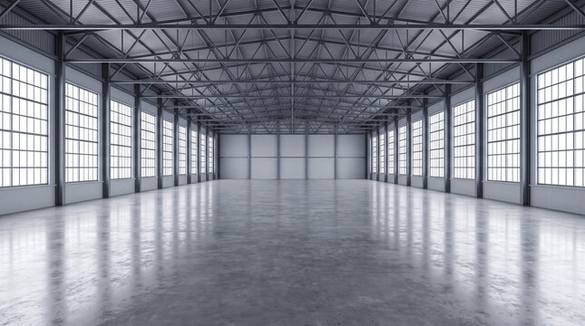 Empty industrial warehouse interior with polished concrete floor, steel truss ceiling, and large grid windows for modern logistics or studio space