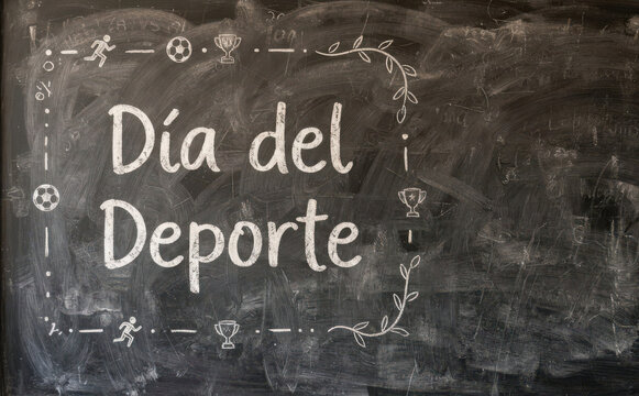 D&iacute;a del Deporte pizarra escolar con dibujos tiza para evento deportivo y salud