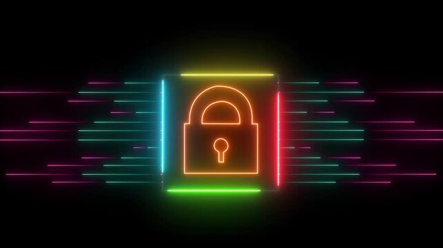 Neon cyber security shield with glowing data streams, digital privacy and network protection concept
