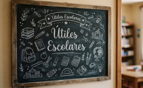 &Uacute;tiles escolares en pizarra, educaci&oacute;n, aprendizaje, escuela, papeler&iacute;a