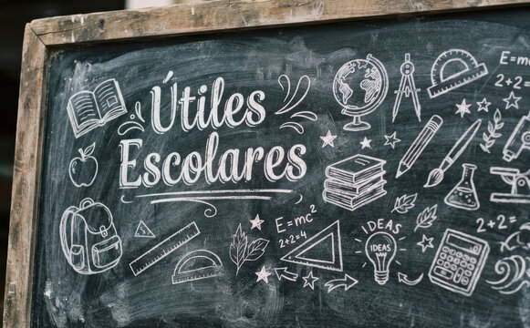 &Uacute;tiles Escolares letras en pizarra con dibujos de educaci&oacute;n, concepto de vuelta al colegio y aprendizaje escolar para dise&ntilde;o