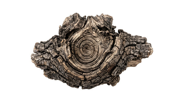 Weathered tree trunk cross section reveals natural wood grain rings and rugged bark texture ideal for organic background designs or rustic environmental concepts.