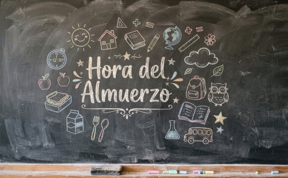 Hora del Almuerzo vector de pizarra escolar con dibujos de comida y educacion para diseno infantil