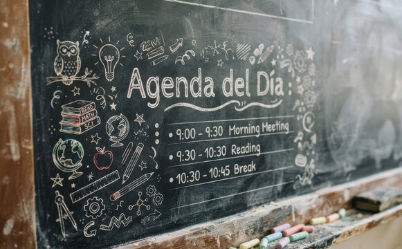 Agenda del Dia pizarra escolar con horario de clases y dibujos infantiles para educacion y aprendizaje
