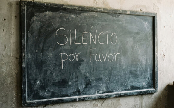 Silencio por favor escrito en pizarra escolar para educacion y silencio en el aula