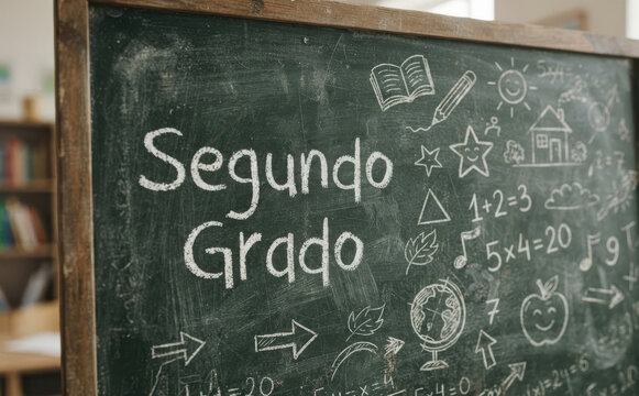 Segundo Grado escrito en una pizarra escolar con dibujos para educacion infantil y primaria