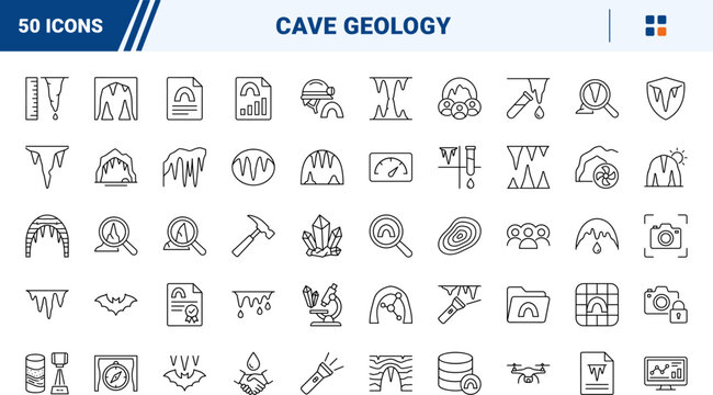 Geology and speleology line icon set. Vector pictograms of cave, stalactite, cavern, and speleothem elements, thin linear illustration.