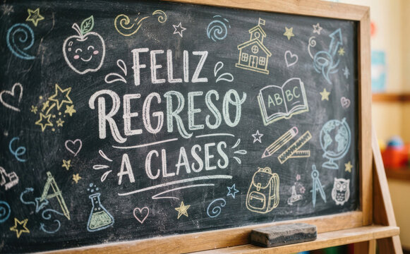 Feliz regreso a clases letrero de pizarra escolar para educacion infantil y diseno de temporada