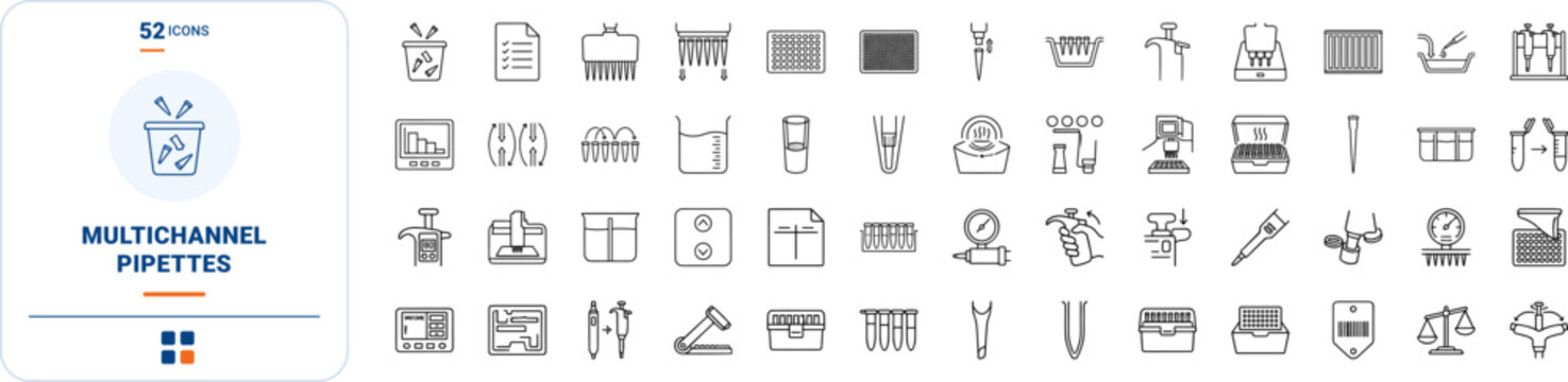 Multichannel pipette row line icon set. Vector pictograms of liquid, handling, microplate, and laboratory elements, thin linear illustration.