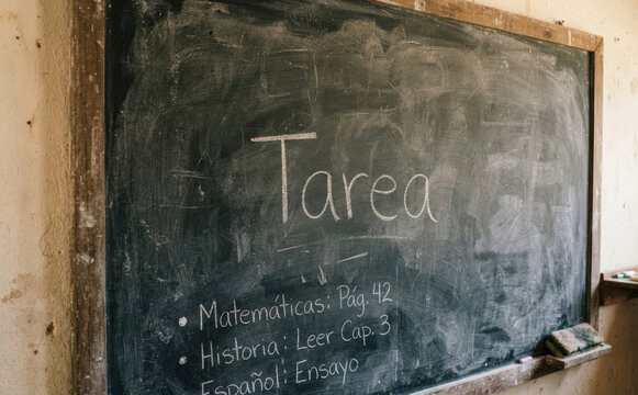 Tarea escrita en pizarron negro con deberes escolares de materias educativas