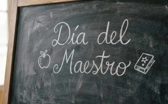 D&iacute;a del Maestro escrito en pizarra con tiza blanca, concepto de educaci&oacute;n y celebraci&oacute;n escolar
