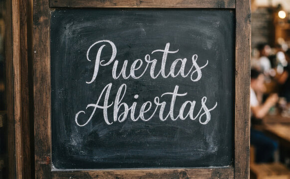 Puertas abiertas cartel de pizarra con texto en espanol para negocios y eventos
