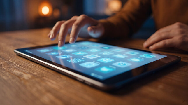 Hands using a digital tablet with glowing app icons on a wooden table, warm light showing modern touch screen technology and online connectivity