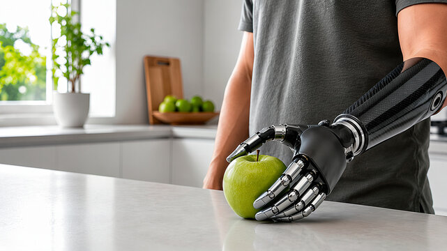 Person using modern bionic prosthetic hand to gently hold fresh green apple on kitchen counter
