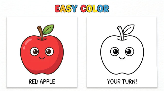 Educational color guide sheet with a cute cartoon red apple for kids coloring activity