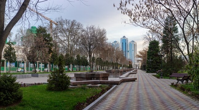Urban park and modern skyline in Dushanbe, Tajikistan