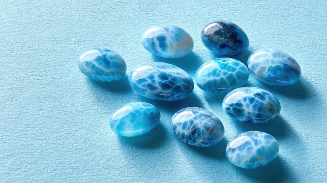 A collection of polished blue and white cloudy larimar gemstones, showcasing their striking natural patterns and oceanic beauty.