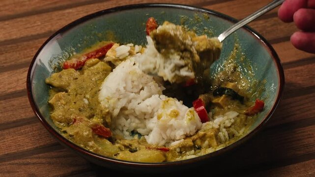Green curry tofu soup cooking. Thai green curry soup in a white bowl on a white plate with dark background. Flat lay, overhead