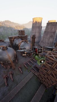 Vertical view of swarm of military bomb drones flying in formation to attack industrial power plant refinery, 3D animation