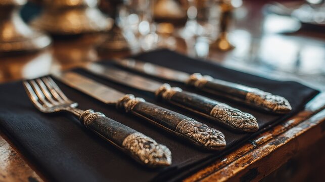 Collection of antique ornate silver cutlery with detailed handles arranged for formal dining