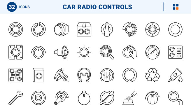 Car Radio Knobs line icon set. Vector pictograms of automotive, audio, dashboard, and hardware elements, thin linear illustration.