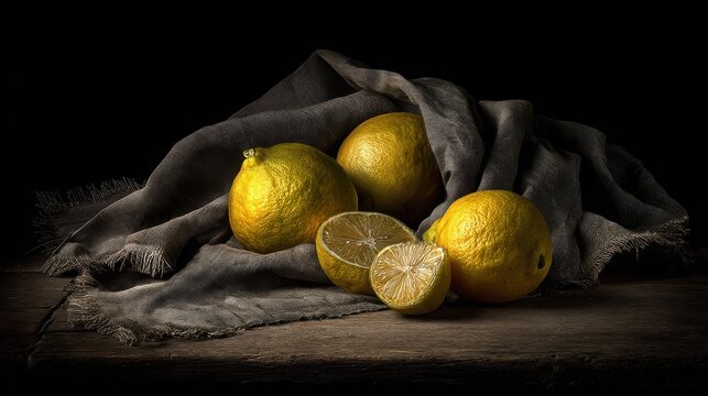 Vibrant Yellow Lemons Whole and Halved Resting on Textured Fabric in Dramatic Lighting