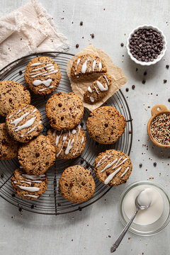 Homemade quinoa chocolate chip cookies on a cooling rack.