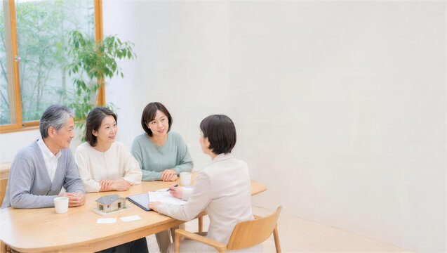 高齢者と家族が相談員を交えて介護を話し合う場面